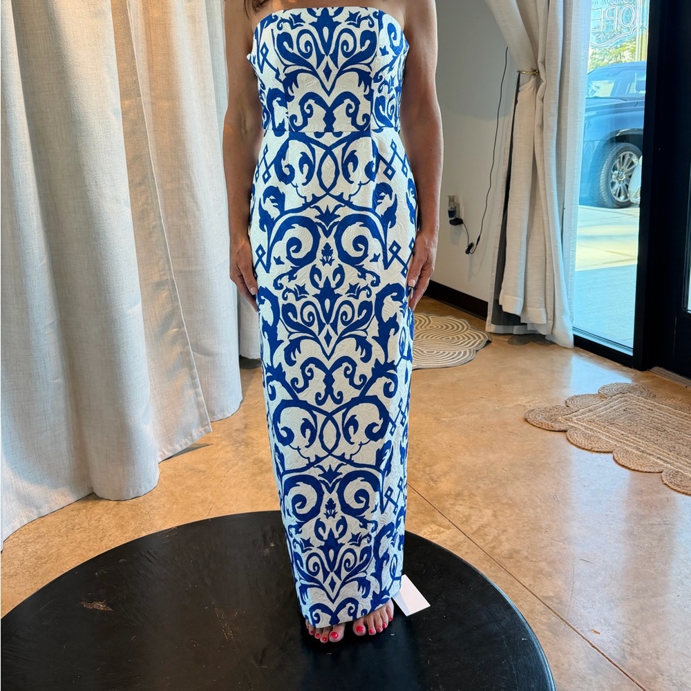 Milly Strapless Dress in Blue and White
